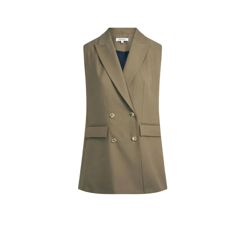 Morgan de toi Grüne Damenweste mit V-Ausschnitt aus Polyestergemisch, doppelreihiger Blazer mit goldenen Knöpfen und taillierter Passform