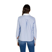 Morgan De Toi women light blue pinstripe long-sleeved button-up shirt with white collar and hooded design