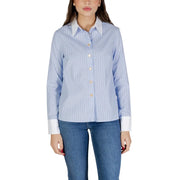 Morgan de toi women light blue and white pinstripe long-sleeved button-up shirt with crisp collar and white cuffs