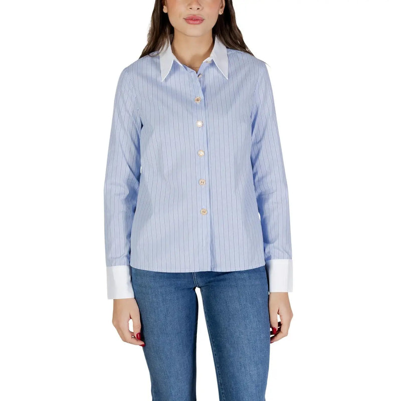 Morgan de toi women light blue and white pinstripe long-sleeved button-up shirt with crisp collar and white cuffs