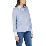 Morgan De Toi women light blue pinstripe hooded shirt with vertical stripes, white collar, and cuffs in crisp fabric