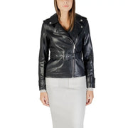 Women’s black leather belted biker jacket displayed with Morgan De Toi Long Black Polyurethane Blazer