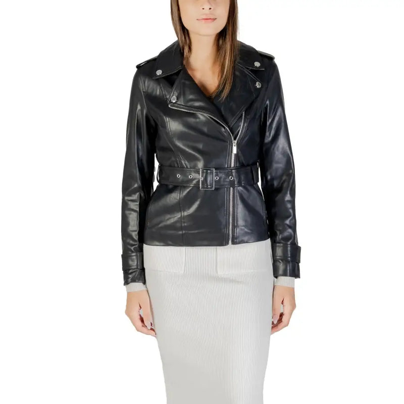 Women’s black leather belted biker jacket displayed with Morgan De Toi Long Black Polyurethane Blazer