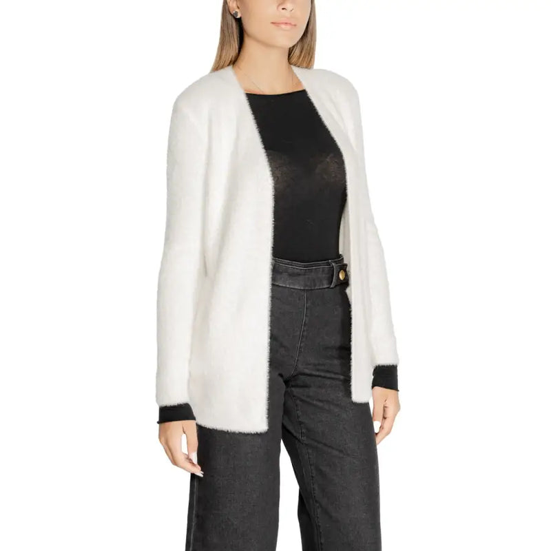 White open-front knit cardigan with black cuffs from Morgan De Toi Women Long Sweater