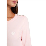 Morgan De Toi Damenpullover aus rosa Viskosemischung mit drei Kristallknöpfen und einem weißen Herzaufnäher auf der Brust