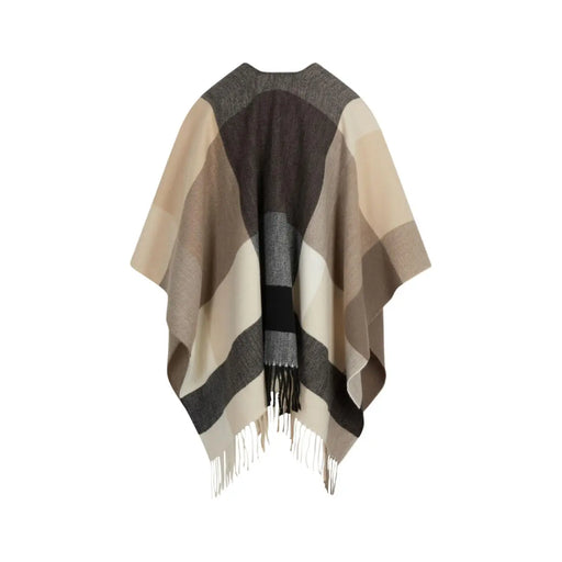 Beige-grau-schwarz karierter Poncho aus Wollmischung mit Fransenrändern, der dazu passt Morgan De Toi ärmelloser Polyesterblazer