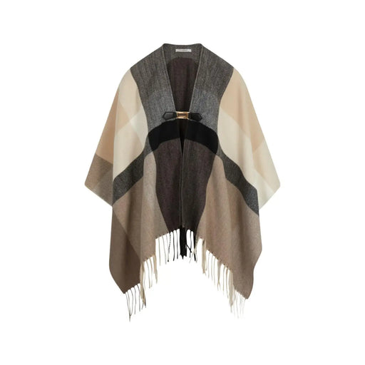 Morgan de toi Ärmelloser, beigefarbener Polyesterblazer für Damen mit kariertem Wollponcho, verziert mit goldener Schnalle und Fransen.