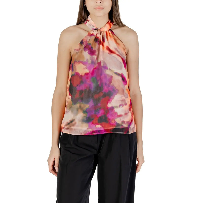 Morgan De Toi Damen ärmelloses Rundhals-Top lila top mit lebhaftem, abstraktem Blumendruck auf transparentem Neckholderstoff
