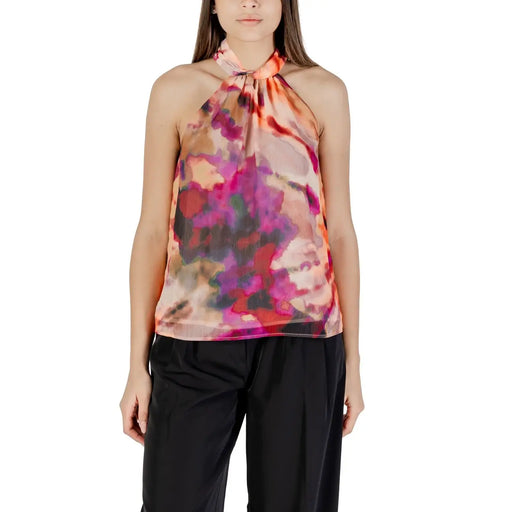 Morgan De Toi Damen ärmelloses Rundhals-Top lila top mit lebhaftem, abstraktem Blumendruck auf transparentem Neckholderstoff
