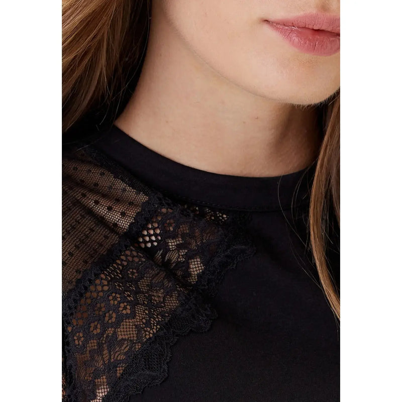 Morgan De Toi ärmelloses Damen-Rundhals-Top top Schwarz mit transparentem schwarzem Spitzenüberzug und zarten Blumenmustern