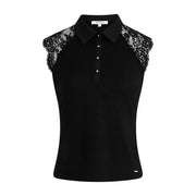 Morgan de toi Ärmelloses schwarzes Damen-Poloshirt mit Rundhalsausschnitt und aufwendigen Spitzendetails an den Schultern.
