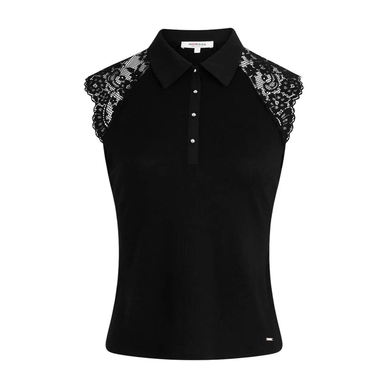 Morgan de toi Ärmelloses schwarzes Damen-Poloshirt mit Rundhalsausschnitt und aufwendigen Spitzendetails an den Schultern.