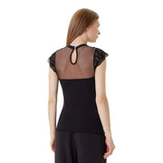 Morgan de toi Damen ärmelloses Rundhals-Top schwarz top mit transparentem Netzrücken und Spitzendetails an den Schultern