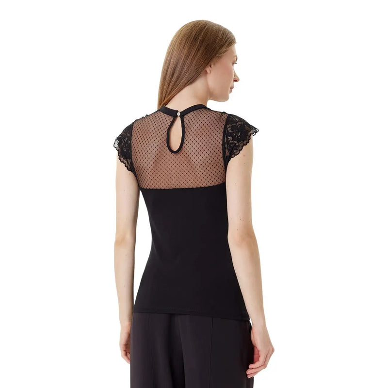 Morgan de toi Damen ärmelloses Rundhals-Top schwarz top mit transparentem Netzrücken und Spitzendetails an den Schultern