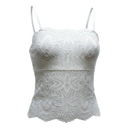 Morgan De Toi Frauen top Weißes, trägerloses Spitzenkleid mit V-Ausschnitt, V-Ausschnitt, floralem Muster und Muschelsaum aus Polyamid.
