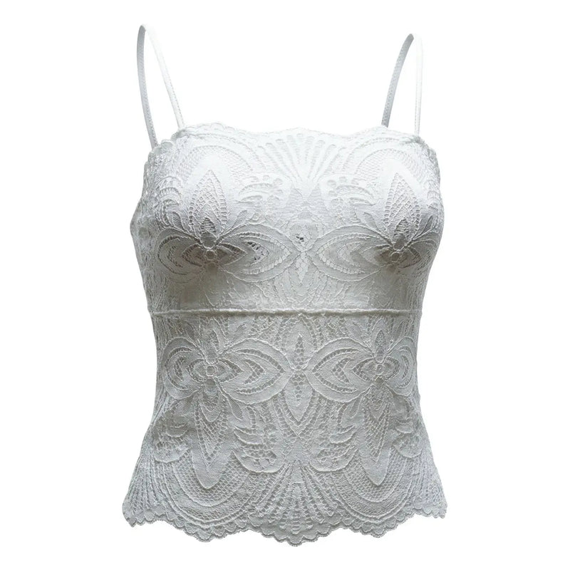 Morgan De Toi Frauen top Weißes, trägerloses Spitzenkleid mit V-Ausschnitt, V-Ausschnitt, floralem Muster und Muschelsaum aus Polyamid.