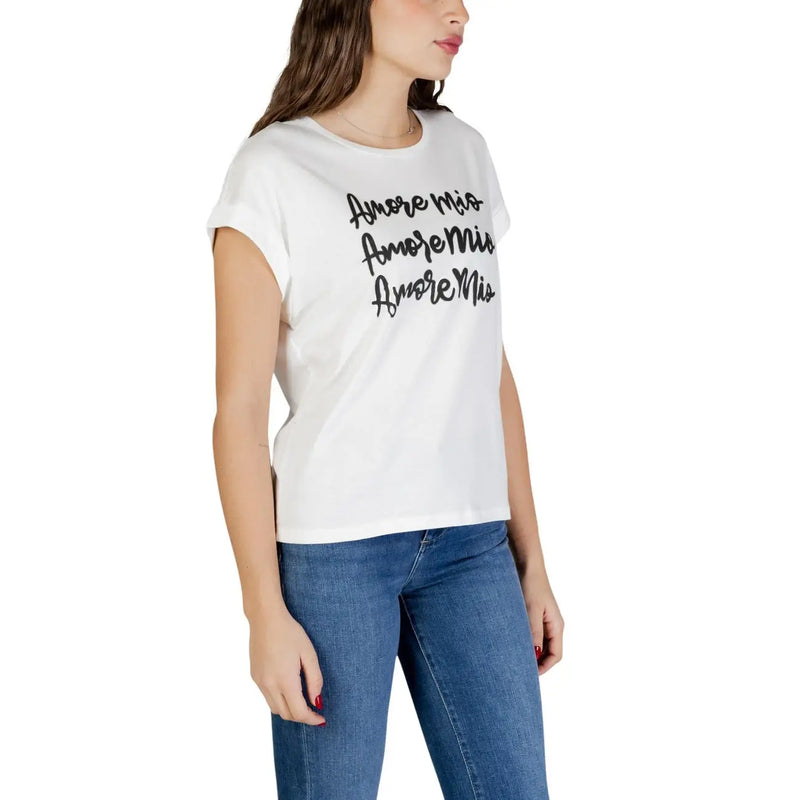 Morgan de toi Weißes Damen-T-Shirt aus Baumwoll-Modal mit Rundhalsausschnitt und schwarzem, geschwungenem „Amore Mio“-Schriftzug auf der Brust