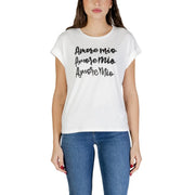 Morgan De Toi Weißes Damen-T-Shirt aus Baumwoll-Modal mit Rundhalsausschnitt und schwarzem, geschwungenem „Amore Mio“-Schriftzug auf der Brust