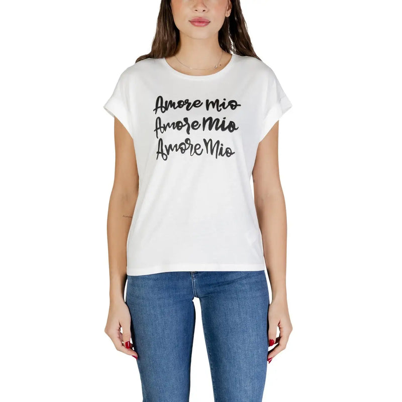 Morgan De Toi Weißes Damen-T-Shirt aus Baumwoll-Modal mit Rundhalsausschnitt und schwarzem, geschwungenem „Amore Mio“-Schriftzug auf der Brust