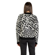 Morgan de toi Weißer Damen-Strickpullover mit Leopardenmuster in Schwarz und Weiß, geripptem Rundhalsausschnitt, Bündchen und Saum.