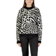 Morgan De Toi Weißer Damen-Strickpullover mit Leopardenmuster in Schwarz-Weiß, hohem Kragen und gerippten Bündchen