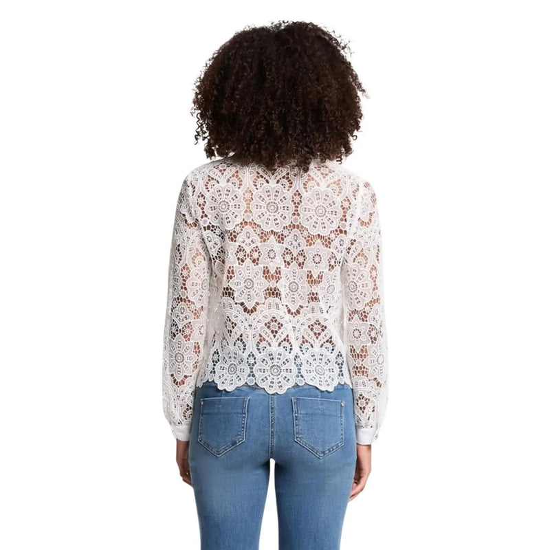 Morgan De Toi women white long sleeve classic shirt featuring a white lace blouse with intricate floral polyester patterns