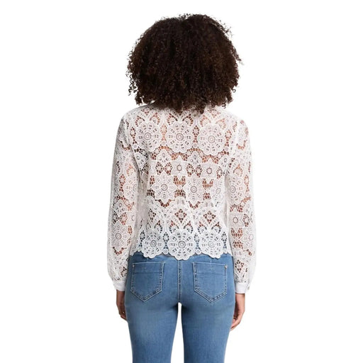 Morgan De Toi Klassisches, weißes Damen-Langarmhemd mit weißer Spitzenbluse und aufwendigen floralen Polyestermustern
