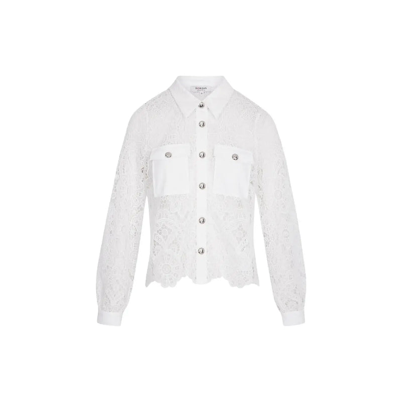 Morgan De Toi women white long sleeve polyester classic shirt with lace design silver buttons and two front pockets