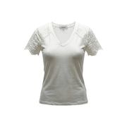 Morgan De Toi women white v neck cotton t shirt with delicate lace short sleeves and subtle brand tag at neckline