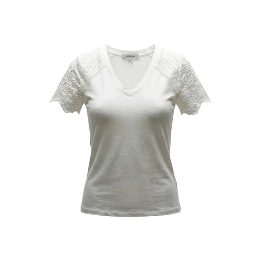 Morgan De Toi Weißes Damen-T-Shirt aus Baumwolle mit V-Ausschnitt, zarten kurzen Ärmeln aus Spitze und dezentem Markenetikett am Halsausschnitt