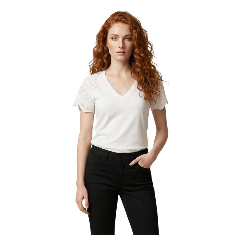 Morgan De Toi women white v neck cotton t shirt with delicate lace short sleeves for casual wear