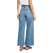 Rückansicht der Morgan Damen-Jeans aus blauem Baumwoll-Denim mit hohem Bund, weitem Bein, klassischem Taschen-Design und Used-Look