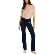 Dunkelblaue, hochgeschnittene Morgan Damen-Jeans aus Baumwollmischgewebe mit goldfarbenen Knöpfen und Vordertaschen.