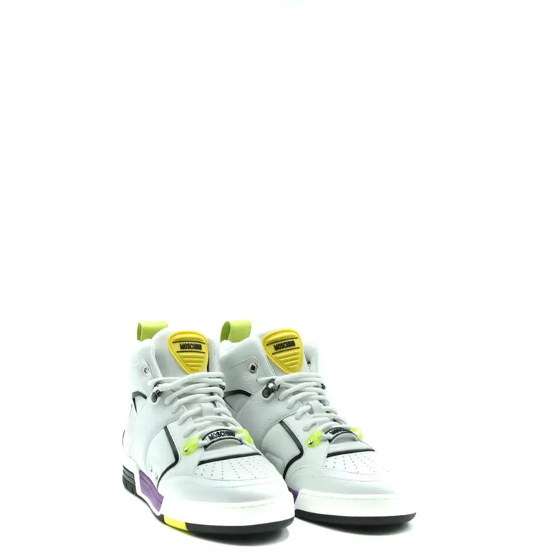 Moschino Weiße Herren-Sneaker aus Leder mit gelben und violetten Akzenten und einem eleganten, sportlichen High-Top-Design.top Design