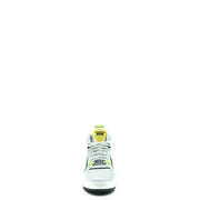 Weiße Moschino Herren Leder High-Toptop Sneaker mit neongrünen, schwarzen Akzenten und gelbem Zungenlabel für sportliche Aktivitäten