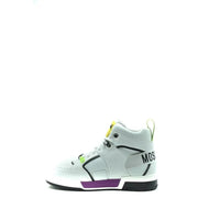 Weißes Leder Moschino Herren sportlicher Slip hochtop Sneaker mit schwarzen und violetten Akzenten und auffälligem Logo an der Seite
