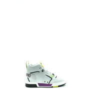Moschino Weiße Herren-Sneaker aus Leder, hoch top mit schwarz-violetten Akzenten, neongelber Aufreißlasche und Logo-Branding