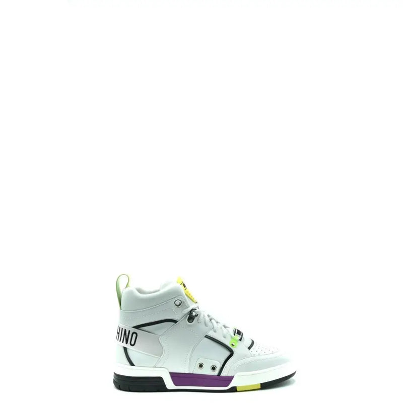 Moschino Weiße Herren-Sneaker aus Leder, hoch top mit schwarz-violetten Akzenten, neongelber Aufreißlasche und Logo-Branding