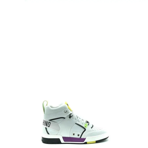 Moschino Weiße Herren-Sneaker aus Leder, hoch top mit schwarz-violetten Akzenten, neongelber Aufreißlasche und Logo-Branding