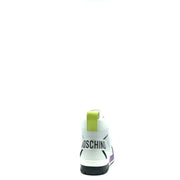 Moschino Weiße, sportliche Herren-Sneaker aus Leder mit limettengrünen und violetten Akzenten und schwarzem Logo-Riemen