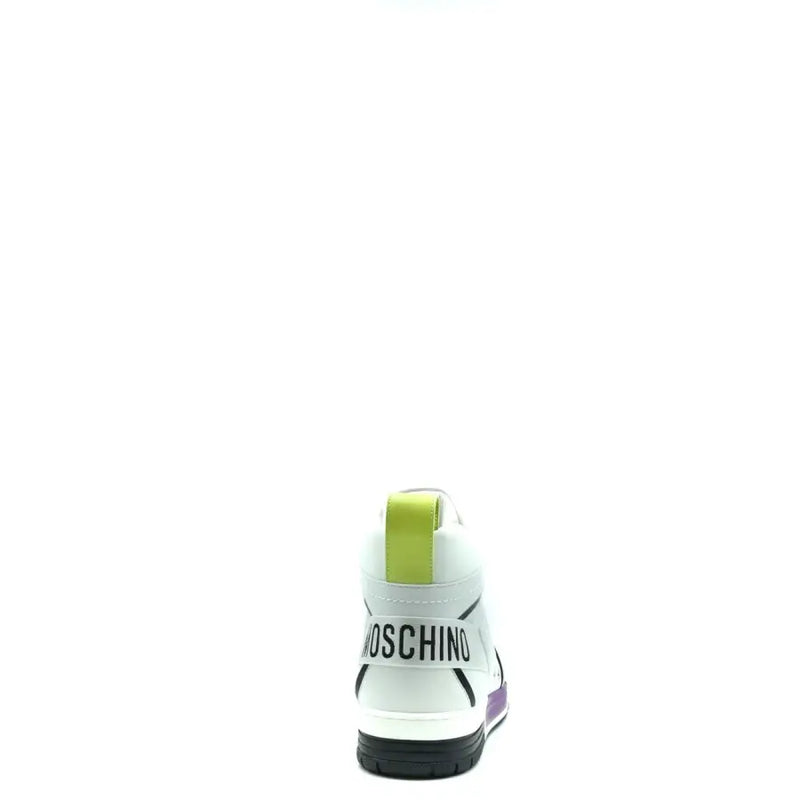 Moschino Weiße, sportliche Herren-Sneaker aus Leder mit limettengrünen und violetten Akzenten und schwarzem Logo-Riemen