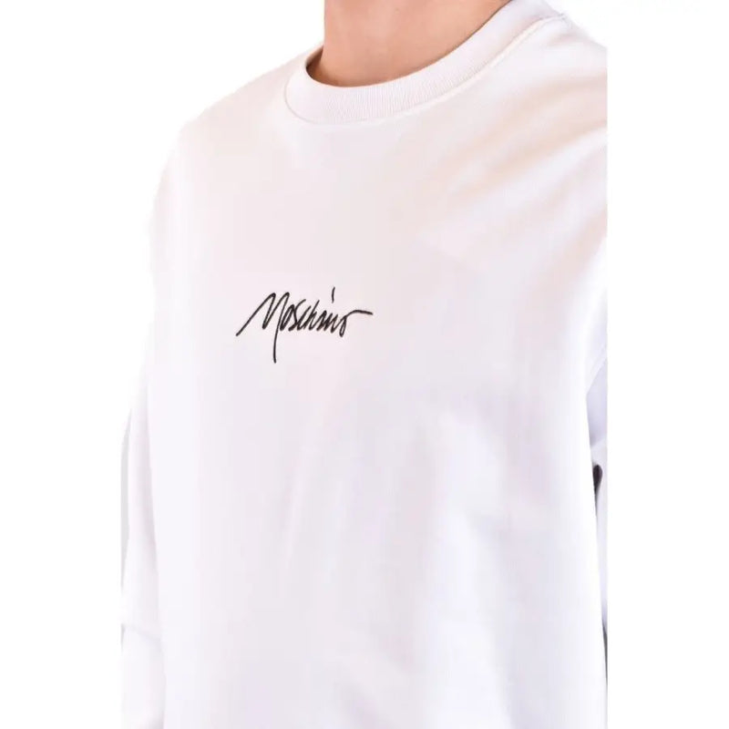 Weißes Moschino Herren-Sweatshirt mit schwarzem, gesticktem Logo auf der Brust, aus Baumwolle, mit Rundhalsausschnitt und Printdesign
