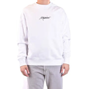Weißes Moschino Herren-Sweatshirt aus Baumwolle mit Rundhalsausschnitt und schwarzem, geschwungenem Logo auf der Brust.
