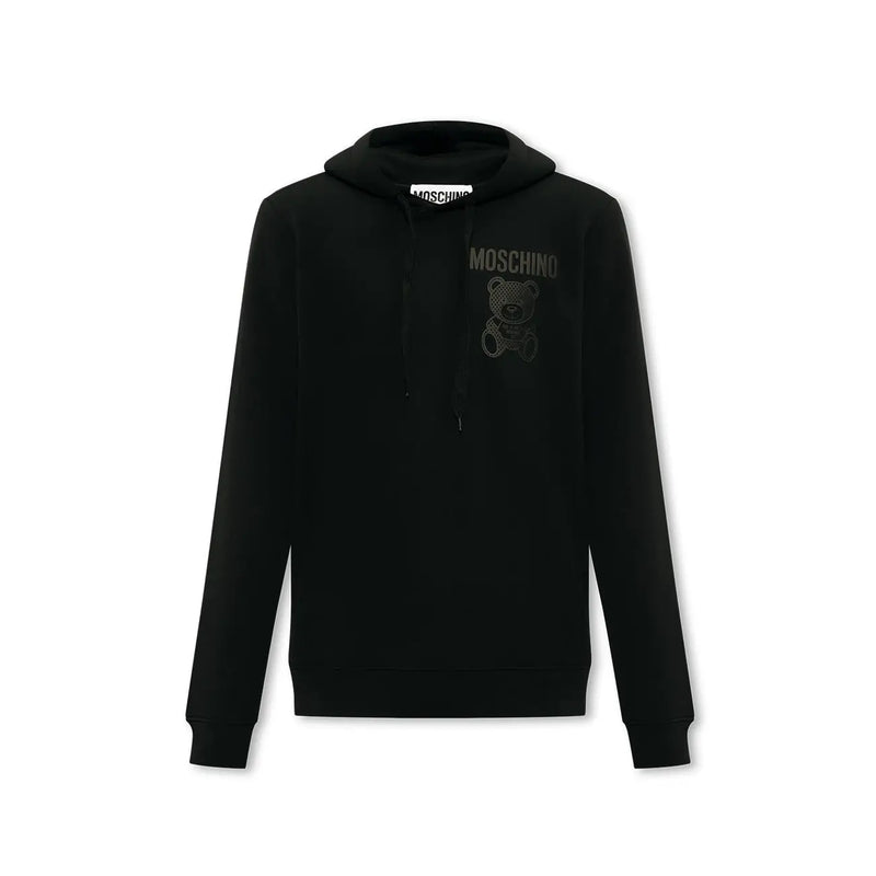 Black Moschino cotton hoodie with subtle embroidered bear logo on chest for men casual wear