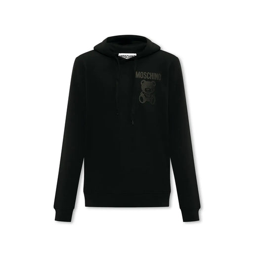Black Moschino cotton hoodie with subtle embroidered bear logo on chest for men casual wear
