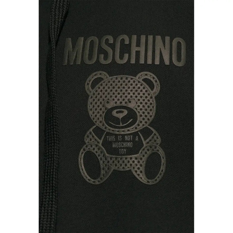 Schwarze Baumwolle Moschino Herren-Sweatshirt-Hoodie mit perforiertem Teddybär-Motiv und Markenslogan auf der Vorderseite