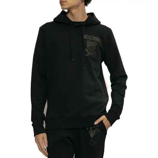 Black cotton Moschino men sweatshirt hoodie with subtle embroidered bear logo and brand name on the chest