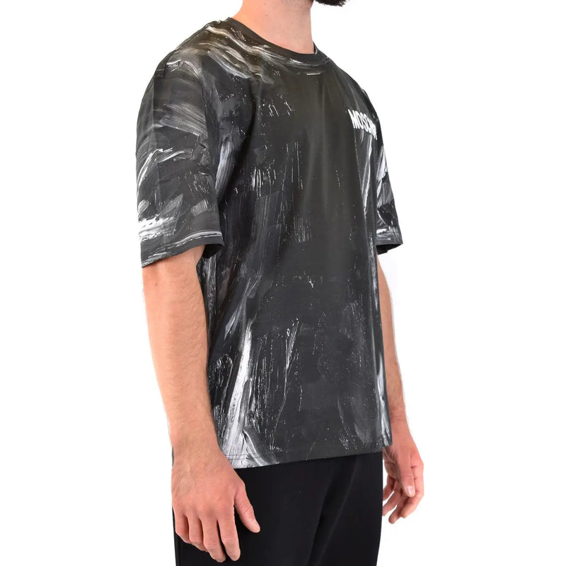 Moschino Männer t-shirt mit schwarz-weißem abstraktem Farbspritzermuster und Logo auf der Brust, Kurzarmdesign