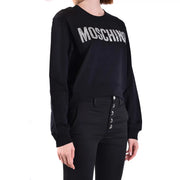 Moschino women cotton sweatshirt black round neck with silver glitter lettering across the chest