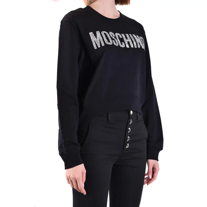 Moschino women cotton sweatshirt black with sparkling silver lettering and round neck design across the chest